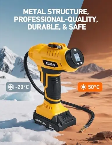 AstroAI Akülü Shinal Pomiyotkisi Havalı Kompressor 20V Qayta Zaryadlanuvchi Akkumulyatorli 160PSI Portativ Havo Nasosi 12V Avtomobil Quvvat Adapteri Raqamli Bosim O'lchagich Avtomobillar Motosikllar uchun JY16P160-18（C2）Sariq - AstroAI (1)