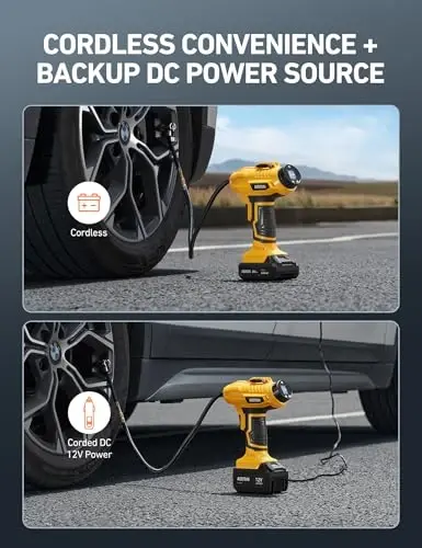 AstroAI Akülü Shinal Pomiyotkisi Havalı Kompressor 20V Qayta Zaryadlanuvchi Akkumulyatorli 160PSI Portativ Havo Nasosi 12V Avtomobil Quvvat Adapteri Raqamli Bosim O'lchagich Avtomobillar Motosikllar uchun JY16P160-18（C2）Sariq - 4
