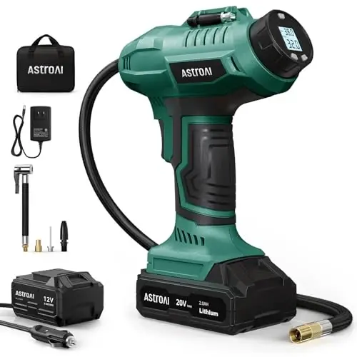 AstroAI C2 Cordless Tire Inflator Air Compressor 20V Rechargeable Battery Powered 160PSI Portable Air Pump with 12V Car Power Adapter Digital Pressure Gauge for Cars Motorcycles JY16P160-18 Green - 1