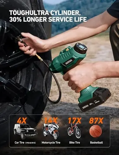 AstroAI C2 Cordless Tire Inflator Air Compressor 20V Rechargeable Battery Powered 160PSI Portable Air Pump with 12V Car Power Adapter Digital Pressure Gauge for Cars Motorcycles JY16P160-18 Green - 2