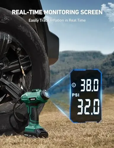 AstroAI C2 Cordless Tire Inflator Air Compressor 20V Rechargeable Battery Powered 160PSI Portable Air Pump with 12V Car Power Adapter Digital Pressure Gauge for Cars Motorcycles JY16P160-18 Green - 4