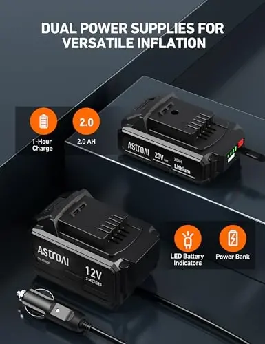 AstroAI C2 Cordless Tire Inflator Air Compressor 20V Rechargeable Battery Powered 160PSI Portable Air Pump with 12V Car Power Adapter Digital Pressure Gauge for Cars Motorcycles JY16P160-18 Green - 5