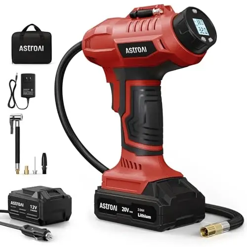 AstroAI C2 simsiz shinalarni puflash kompressori 20V qayta zaryadlanuvchi akkumulyator bilan ishlaydigan 160PSI portativ havo nasosi, avtomobillar, mototsikllar uchun 12V avtomobil quvvat adapteri raqamli bosim o'lchagich JY16P160-18 Red 