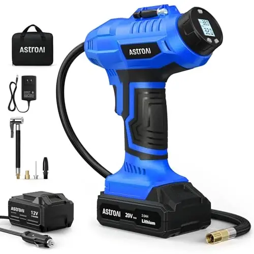 AstroAI C2 simsiz shinalarni puflash moslamasi havo kompressori 20V qayta zaryadlanuvchi batareya bilan ishlaydigan 160PSI ko'chma qo'lda havo nasosi 12V avtomobil quvvat adapteri bilan avtomobillar mototsikllar uchun raqamli bosim o'lchagich ko'k 