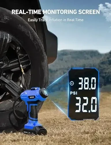AstroAI C2 simsiz shinalarni puflash moslamasi havo kompressori 20V qayta zaryadlanuvchi batareya bilan ishlaydigan 160PSI ko'chma qo'lda havo nasosi 12V avtomobil quvvat adapteri bilan avtomobillar mototsikllar uchun raqamli bosim o'lchagich ko'k - 4