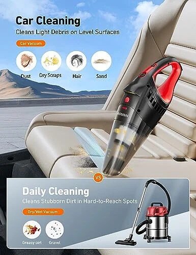 AstroAI Car Vacuum, Car Accessories, Portable Handheld Vacuum Cleaner with 12V DC Power, 16.4 Ft Cigarette Lighter Cord, LED Light, Car Cleaning Kit with 3 Filters for Quick Cleaning (Red) - AstroAI