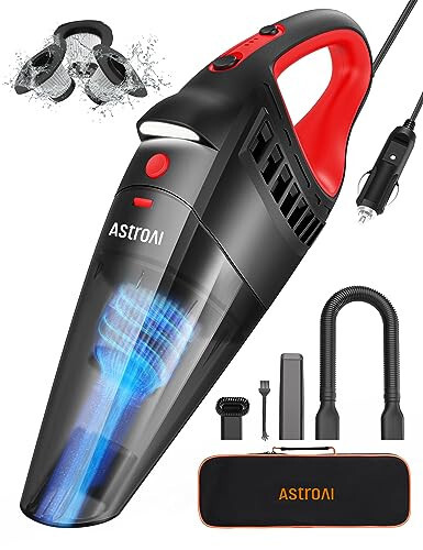 AstroAI Car Vacuum, Car Accessories, Portable Handheld Vacuum Cleaner with 12V DC Power, 16.4 Ft Cigarette Lighter Cord, LED Light, Car Cleaning Kit with 3 Filters for Quick Cleaning (Red) - 1