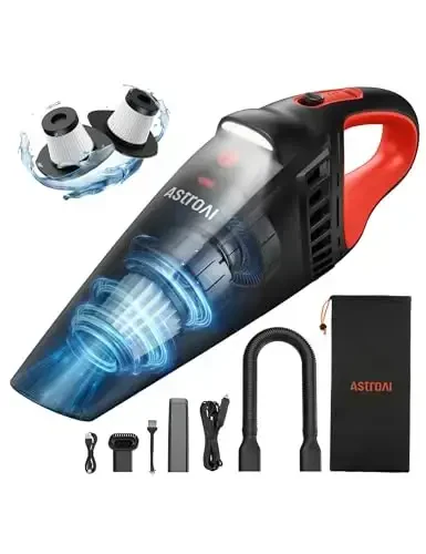 AstroAI Handheld Car Vacuum Cordless with Accessories, Portable Vacuum Cleaner with 12V DC Power, LED Light, Brush, Extended Suction Pipe, Hose, Mini Handheld for Car, Home, Office, and Pet Hair, Red - 1