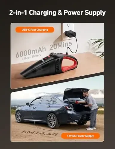 AstroAI Handheld Car Vacuum Cordless with Accessories, Portable Vacuum Cleaner with 12V DC Power, LED Light, Brush, Extended Suction Pipe, Hose, Mini Handheld for Car, Home, Office, and Pet Hair, Red - 4