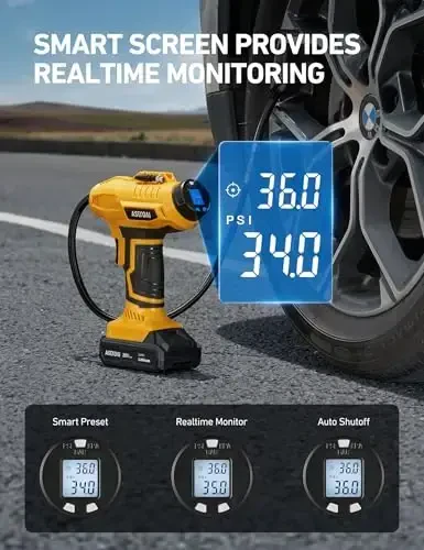 AstroAI Cordless Tire Inflator Air Compressor 20V Rechargeable Battery Powered 160PSI Portable Air Pump with 12V Car Power Adapter Digital Pressure Gauge for Cars Motorcycles JY16P160-18（C2）Yellow - 6