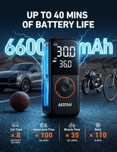 AstroAI L4 Lastik Şişirme Taşınabilir Hava Kompresörü, Basınç Göstergeli Araba Lastikleri için 150PSI Taşınabilir Hava Pompası, Arabalar, Motosikletler, Bisikletler, Lastikler, Toplar için LED Işıklı Elektrikli Hava Pompası Hızlı Şişirme - 3