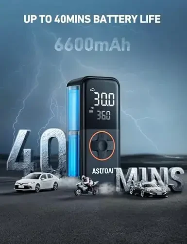 AstroAI L4 Shinalar uchun portativ kompressor, 150PSI bosim o'lchagichli va LED chiroqli avtomobil shinalari uchun portativ havo pompasi, avtomobillar, mototsikllar, velosipedlar, shinalar, to'plar uchun tezkor shishirish elektr pompasi. - 3