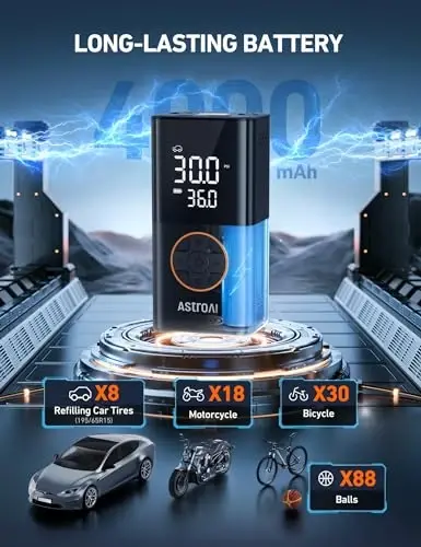 AstroAI L7 Tire Inflator Portable Air Compressor Cordless Bike Pump with Digital Dual Values Display, 150 PSI Car Tires Pump with LED Lights Air Pump for Cars, Motorcycles, Bikes, Balls 