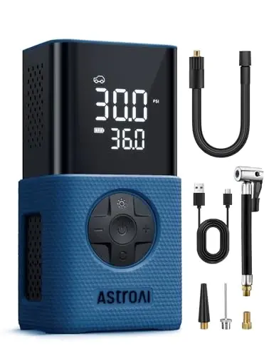 AstroAI L7S Tire Inflator Portable Air Compressor Cordless with Digital Pressure Gauge, 150 PSI LED Light Bike Air Pump with Fast Inflation & Auto Shut-Off for Car Tires,Motorcycles,Bikes,Balls,Blue - ASTROAI
