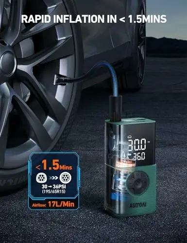AstroAI L7S Tire Inflator Portable Air Compressor Cordless with Digital Pressure Gauge, 150 PSI LED Light Bike Air Pump with Fast Inflation & Auto Shut-Off for Car Tires,Motorcycles,Bikes,Balls,Green - 4