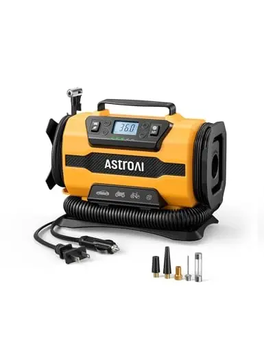 AstroAI Lastik Şişirici Taşınabilir Hava Kompresörü, 12V DC/120V AC Çift Güç | Çift Metal Motorlu Hızlı Şişiren Hava Pompası, Araba, SUV, Bisiklet Lastikleri ve Hava Yatakları için 150PSI Dijital Gösterge, Kompakt - 1