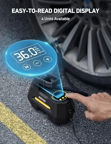 AstroAI Tire Inflator Portable Air Compressor Tire Air Pump for Car Tires - Car Accessories, 9.8Ft Cord 12V DC-Powered Auto Pump with Digital Pressure Gauge, LED Light for Bicycle, Balloons, Yellow - 2