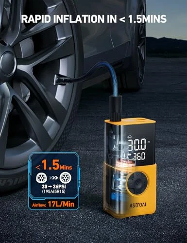 AstroAI Tire Inflator L7S Portable Air Compressor Cordless Bike Air Pump with Digital Dual Values Display, 150 PSI Car Tires Pump with LED Lights Air Pump for Auto, Motorcycles, Bikes, Balls - 4