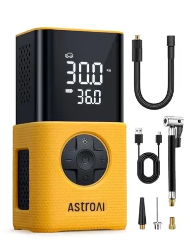 AstroAI L7S Tire Inflator Portable Air Compressor Cordless with Digital Pressure Gauge, 150 PSI LED Light Bike Air Pump with Fast Inflation & Auto Shut-Off for Car Tires,Motorcycles,Bikes,Balls,Yellow | Digital Dual Values Display, Electric Tyre Pump - 1