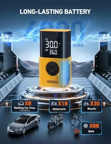 AstroAI L7S Tire Inflator Portable Air Compressor Cordless with Digital Pressure Gauge, 150 PSI LED Light Bike Air Pump with Fast Inflation & Auto Shut-Off for Car Tires,Motorcycles,Bikes,Balls,Yellow | Digital Dual Values Display, Electric Tyre Pump - 3