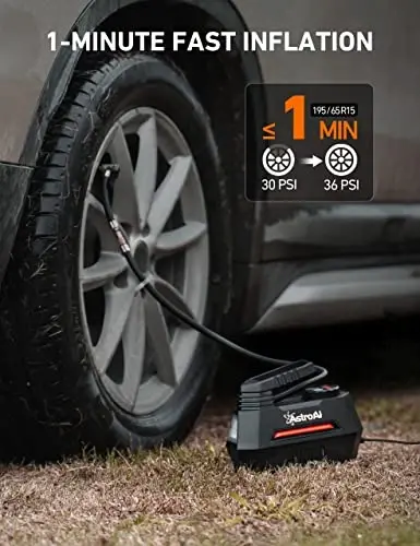 AstroAI AIRUN H Tire Inflator Portable Air Compressor Air Pump for Car Tires - Car Accessories, 9.8Ft Cord-12V DC-Powered Auto Pump with Digital Pressure Gauge, LED Light for Bicycle, Balloons, Red - ASTROAI (1)