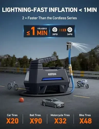 AstroAI Tire Inflator Portable Air Compressor Air Pump for Car Tires-Car Accessories, 9.8Ft Cord-12V DC-Powered Auto Pump with Digital Pressure Gauge, Emergency LED Light for Bicycle, Balloons, Blue - 4