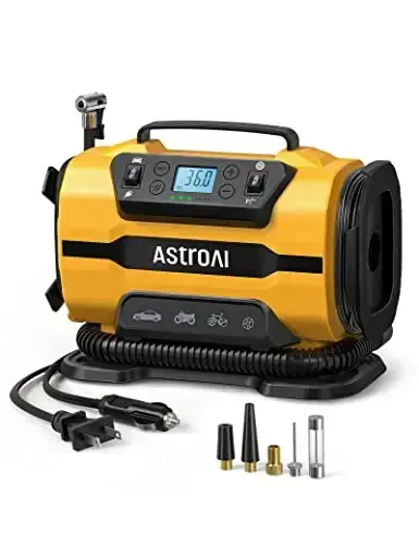 AstroAI Tire Inflator Portable Air Compressor Pump 150PSI 12V DC/110V AC with Dual Metal Motors&LED Light, Automotive Car Accessories&Two Modes for Car, Bicycle Tires and Air Mattresses, Yellow - 1