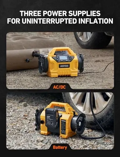 AstroAI MC3 Tire Inflator Portable Air Compressor, 3 Power Sources: Cordless/110V AC/12V DC, 160PSI Fast Inflation Air Pump with Dual Motors, Auto Shut-off for Cars,SUVs, Air Mattress Inflator/Deflator - 5