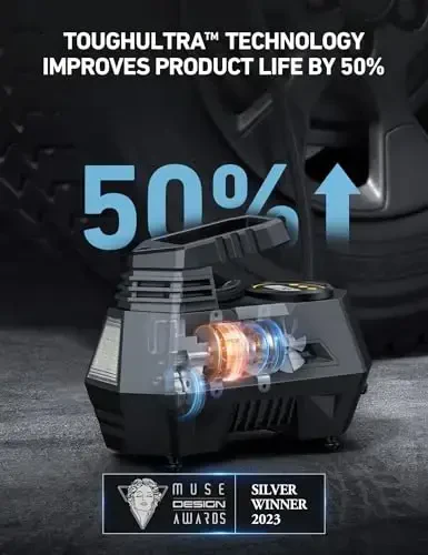 AstroAI Насос для шин Портативный компрессор для шин для автомобильных шин - Автомобильные аксессуары, 12В постоянного тока Автоматический насос с цифровым манометром, Аварийный светодиодный фонарь для велосипеда, воздушных шаров, желтый - 5