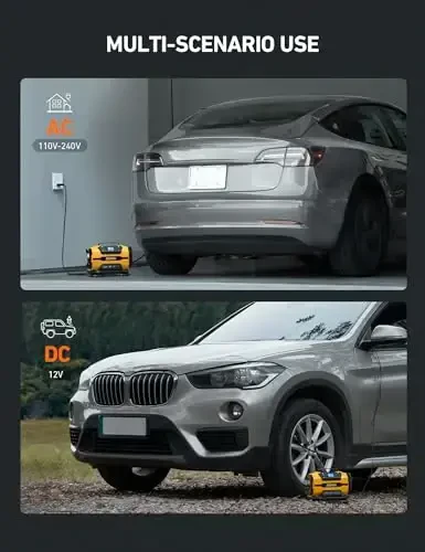 AstroAI Портативный воздушный компрессор для накачки шин 150PSI 12V DC/110V AC с двумя металлическими двигателями и светодиодной подсветкой, автомобильные аксессуары и два режима для автомобилей, велосипедных шин и надувных матрасов, желтый - 4