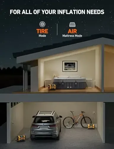 AstroAI Портативный воздушный компрессор для накачки шин 150PSI 12V DC/110V AC с двумя металлическими двигателями и светодиодной подсветкой, автомобильные аксессуары и два режима для автомобилей, велосипедных шин и надувных матрасов, желтый - 5