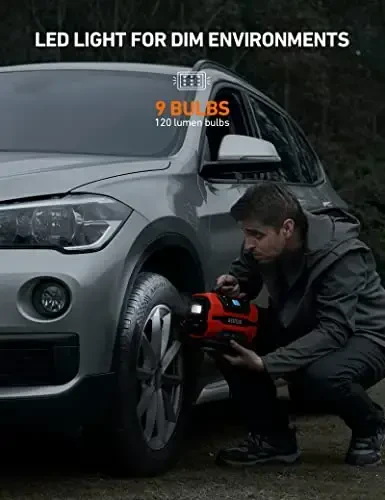 AstroAI Портативный воздушный компрессор для накачки шин 150PSI 12V DC/110V AC с двумя металлическими моторами и светодиодной подсветкой, автомобильные аксессуары и два режима для автомобилей, велосипедных шин и надувных матрасов, красный - 6