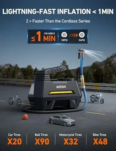 AstroAI Shinalar uchun Portativ Havo Kompressori Avtomobil Shinalari uchun Havo Nasosi - Avtomobil Aksessuarlari, Raqamli Bosim O'lchagichi bilan 12V DC Avtomatik Nasos, Velosiped, Sharlar uchun Favqulodda LED Yorug'lik, Sariq - 4