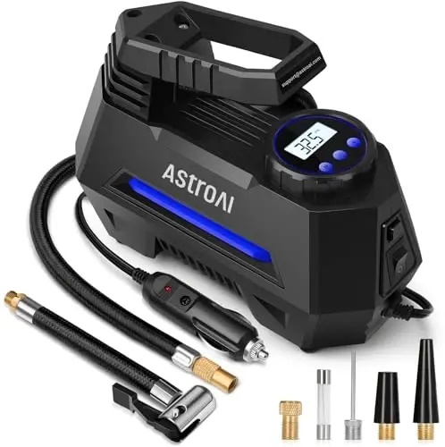 AstroAI Shinalar uchun portativ havo kompressori, avtomobil shinalari uchun havo pompasi - Avtomobil aksessuarlari, raqamli bosim o'lchagichli 12V DC avto pompasi, velosiped, sharlar uchun favqulodda LED chiroq, ko'k - AstroAI