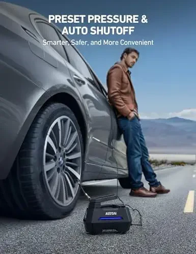 AstroAI Shinalar uchun portativ havo kompressori, avtomobil shinalari uchun havo pompasi - Avtomobil aksessuarlari, raqamli bosim o'lchagichli 12V DC avto pompasi, velosiped, sharlar uchun favqulodda LED chiroq, ko'k - AstroAI (1)