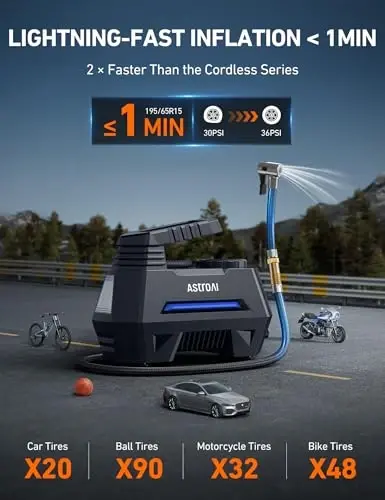 AstroAI Shinalar uchun portativ havo kompressori, avtomobil shinalari uchun havo pompasi - Avtomobil aksessuarlari, raqamli bosim o'lchagichli 12V DC avto pompasi, velosiped, sharlar uchun favqulodda LED chiroq, ko'k - 4