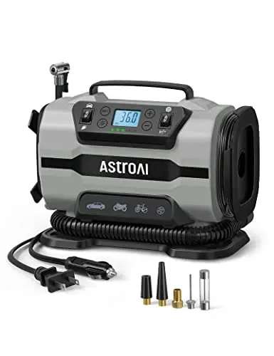 AstroAI Shinalar uchun portativ havo kompressori nasosi 150PSI 12V DC/110V AC ikkita metall motorli va LED chiroqli, avtomobil aksessuarlari va avtomobil, velosiped shinalari va havo to'shaklari uchun ikkita rejim, kulrang. - AstroAI