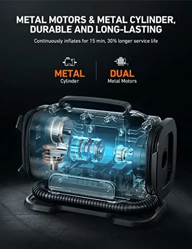 AstroAI Shinalar uchun portativ havo kompressori nasosi 150PSI 12V DC/110V AC ikkita metall motorli va LED chiroqli, avtomobil aksessuarlari va avtomobil, velosiped shinalari va havo to'shaklari uchun ikkita rejim, kulrang. - 3