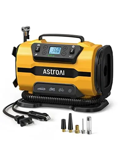 AstroAI Shinalarni shishiradigan portativ havo kompressor nasosi 150PSI 12V DC/110V AC qo'sh metall motorlar va LED yoritgich bilan, avtomobil aksessuarlari va avtomobil, velosiped shinalari va havo to'shaklari uchun ikki rejim, sariq 