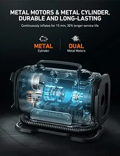 AstroAI Shinalarni Shishiruvchi Portativ Havo Kompressor Nasosi 150PSI 12V DC/110V AC Dual Metall Motorlar va LED Chiroq bilan, Avtomobil Aksessuarlari va Avtomobil, Velosiped Shinalari va Havo Matraslari uchun Ikki Rejim, Qizil - 3