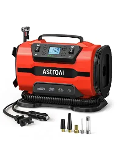 AstroAI Shinalarni Shishiruvchi Portativ Havo Kompressor Nasosi 150PSI 12V DC/110V AC Dual Metall Motorlar va LED Chiroq bilan, Avtomobil Aksessuarlari va Avtomobil, Velosiped Shinalari va Havo Matraslari uchun Ikki Rejim, Qizil - 1