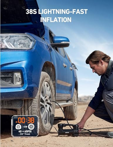 AstroAI T3 Heavy-Duty Air Compressor 12V Portable Offroad Air Compressor with 1.97CFM, 120PSI Tire Pump with Alligator Clips, LED Light for Pickups, Trucks, SUVs, RVs Cars for Up to 33 Inch Tires - 4