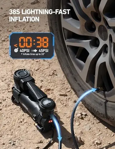 AstroAI T4 Heavy-Duty Air Compressor Truck Tire Inflator with 1.97CFM Auto Shutoff 12V, 120PSI Digital Screen with Alligator Clips, LED Light for Pickup, Truck, SUV RV for Up to 33 Inch Tires - 3