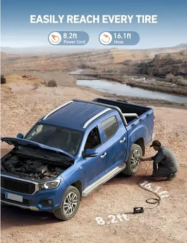 AstroAI T4 Heavy-Duty Air Compressor Truck Tire Inflator with 1.97CFM Auto Shutoff 12V, 120PSI Digital Screen with Alligator Clips, LED Light for Pickup, Truck, SUV RV for Up to 33 Inch Tires - 6