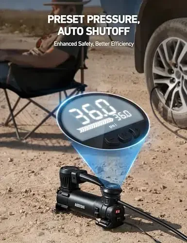 AstroAI T4 Сверхмощный воздушный компрессор для накачки шин грузовиков с автоматическим отключением 1.97CFM 12 В, 120PSI Цифровой экран с зажимами типа 