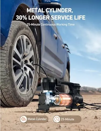 AstroAI T4 Yuqori yuk ko'taruvchi havo kompressor yuk mashinasi shinalari 1,97CFM avtomatik o'chirish 12V, 120PSI alligator qisqichli raqamli ekran, 33 dyuymgacha bo'lgan shinalar uchun yuk mashinasi, SUV RV uchun LED yoritgich - 4