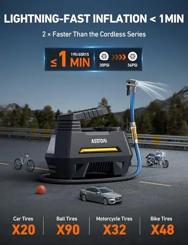 AstroAI Tire Inflator Portable Air Compressor Air Pump for Car Tires-Car Accessories, 9.8Ft Cord-12V DC-Powered Auto Pump with Digital Pressure Gauge, Emergency LED Light for Bicycle, Balloons, Yellow - 4