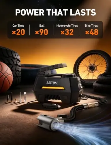 AstroAI AIRUN H Tire Inflator Portable Air Compressor, 12V DC Tire Inflator, Auto Shut-Off with Digital Pressure Gauge & LED Light, Fast Inflation for Car, Motorcycle, Bike Tires, 9.8Ft Cord, Yellow - 3