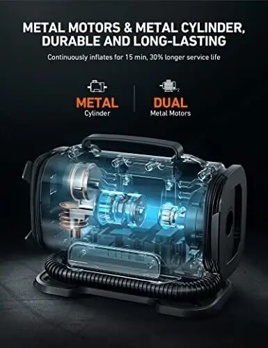AstroAI Tire Inflator Portable Air Compressor, 12V DC/120V AC Dual Power | Fast-Inflating Air Pump with Dual Metal Motors, 150PSI Digital Gauge for Car, SUV, Bike Tires & Air Mattresses, Red - 3