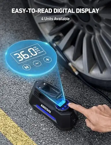 AstroAI Tire Inflator Portable Air Compressor Tire Air Pump for Car Tires - Car Accessories, 12V DC Auto Pump with Digital Pressure Gauge, Emergency LED Light for Bicycle, Balloons, Blue - 3